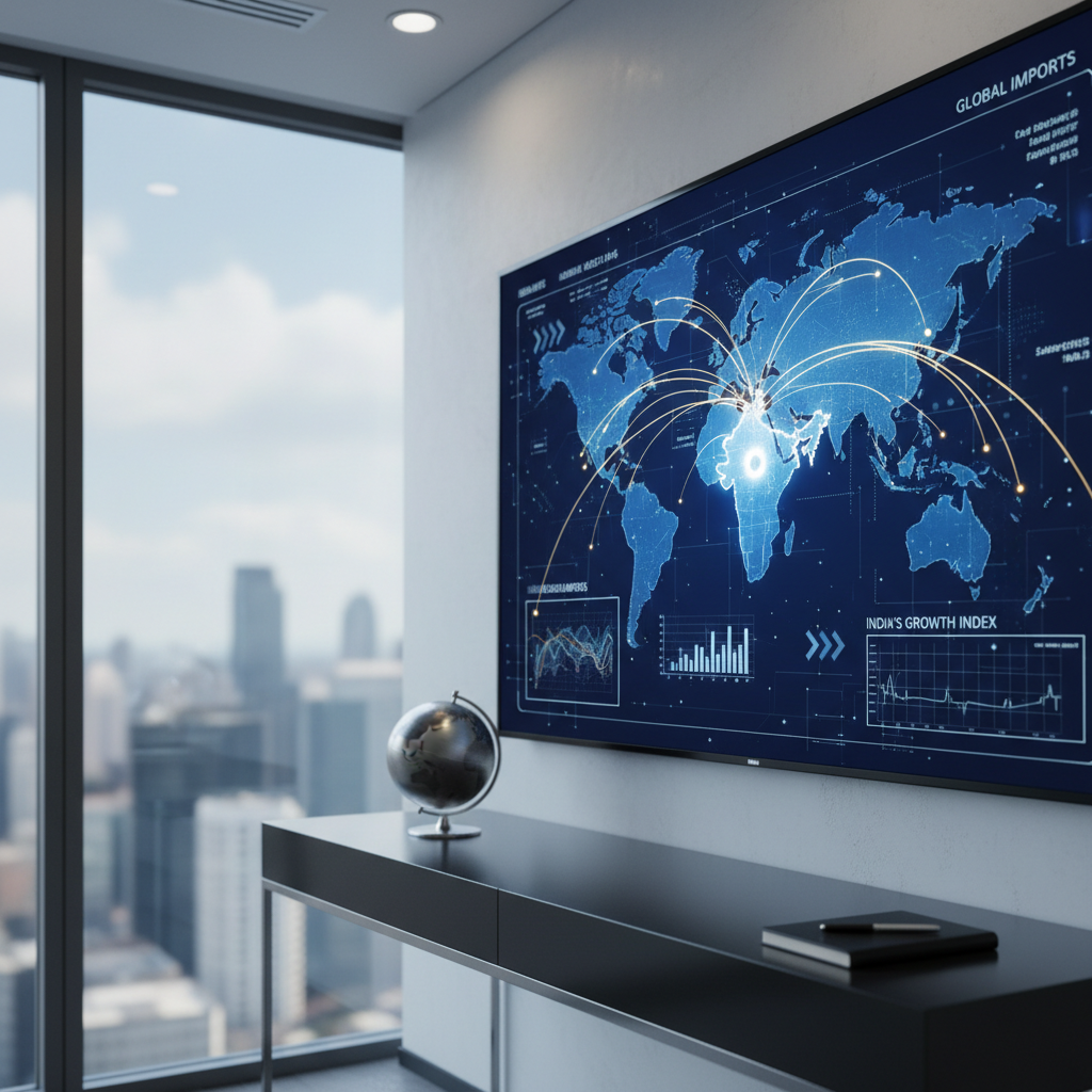 A high-end, wall-mounted digital dashboard fills the frame, displaying interconnected data visualizations of global trade routes converging into India, rendered in deep blues, metallic golds, and crisp white lines. Below the screen, a minimalist console table holds a single brushed-steel globe and a refined black notebook, emphasizing focus and intention. The setting is a sleek, glass-walled boardroom overlooking a blurred city skyline, captured with a shallow depth of field. Cool, diffused daylight mixes with subtle recessed ceiling lighting, creating a balanced, professional glow on all surfaces. Shot from a slightly low angle, the composition emphasizes the dominance of the strategic data. The mood is analytical, forward-looking, and sophisticated, with clean photographic realism and a precision-driven, modern business aesthetic.