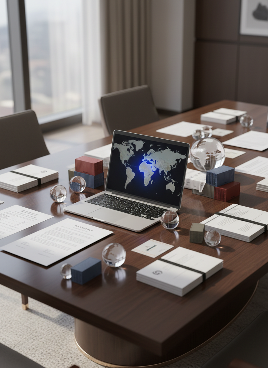 A polished dark-wood conference table is covered with an elegant arrangement of physical trade documents, crisp printed contracts, and a sleek silver laptop displaying a world map with India highlighted in deep sapphire blue. Around the table, crystal-clear acrylic globes, miniature cargo containers, and neat stacks of sample packaging convey global commerce without any human presence. Soft daylight from a large floor-to-ceiling window streams in, reflecting off the glossy table surface and casting refined, gentle shadows. Shot at eye level with a slight diagonal composition, the focus is sharp in the foreground and subtly softer toward the back, creating depth. The atmosphere is sophisticated, strategic, and calm, with photographic realism and a clean, modern corporate aesthetic.