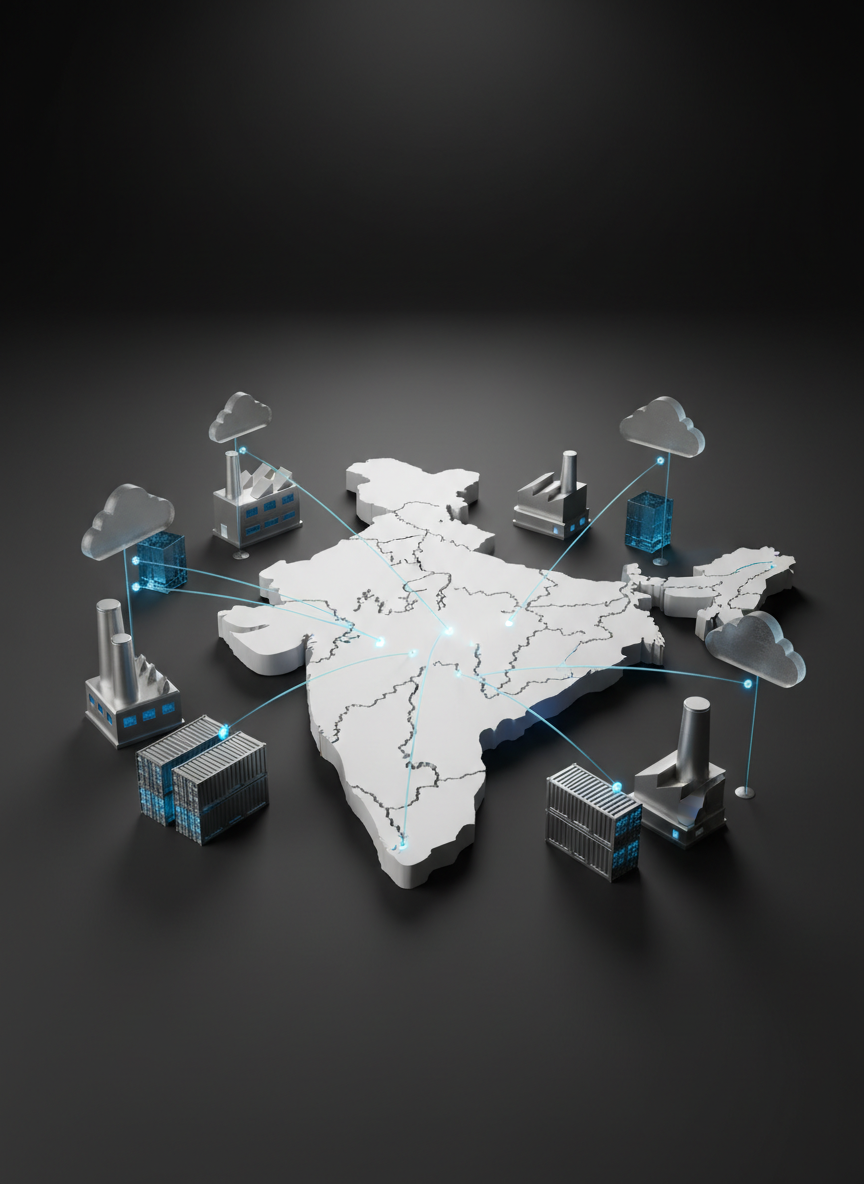 A pristine, white 3D map of India made from matte acrylic rises from a smooth charcoal-gray surface, surrounded by finely crafted miniature representations of factories, shipping containers, and digital cloud icons, each in brushed metal and glass finishes. Thin illuminated lines in soft electric blue connect the elements, symbolizing trade, manufacturing, and AI talent networks. The environment is a controlled studio setting with a dark, gradient background, allowing the map and icons to stand out sharply. Focused, directional lighting from above and slightly behind creates crisp edges and subtle reflections, casting elegant, controlled shadows. Captured from a slightly elevated angle with a centered, symmetrical composition, the scene feels precise, visionary, and high-tech, embodying sophisticated photographic realism and a polished, global strategy aesthetic.